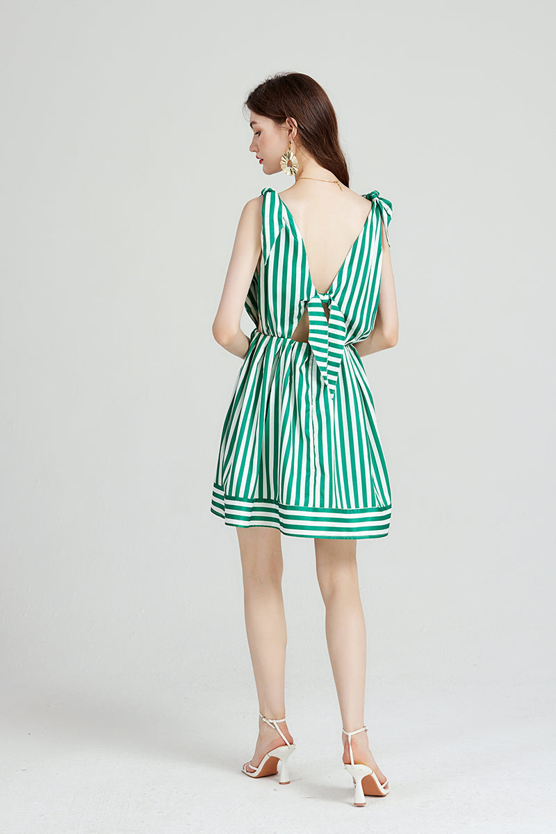 Arrival Striped Bow Strap Distinctive Tight Waist Dress Beach Holiday A line Dress