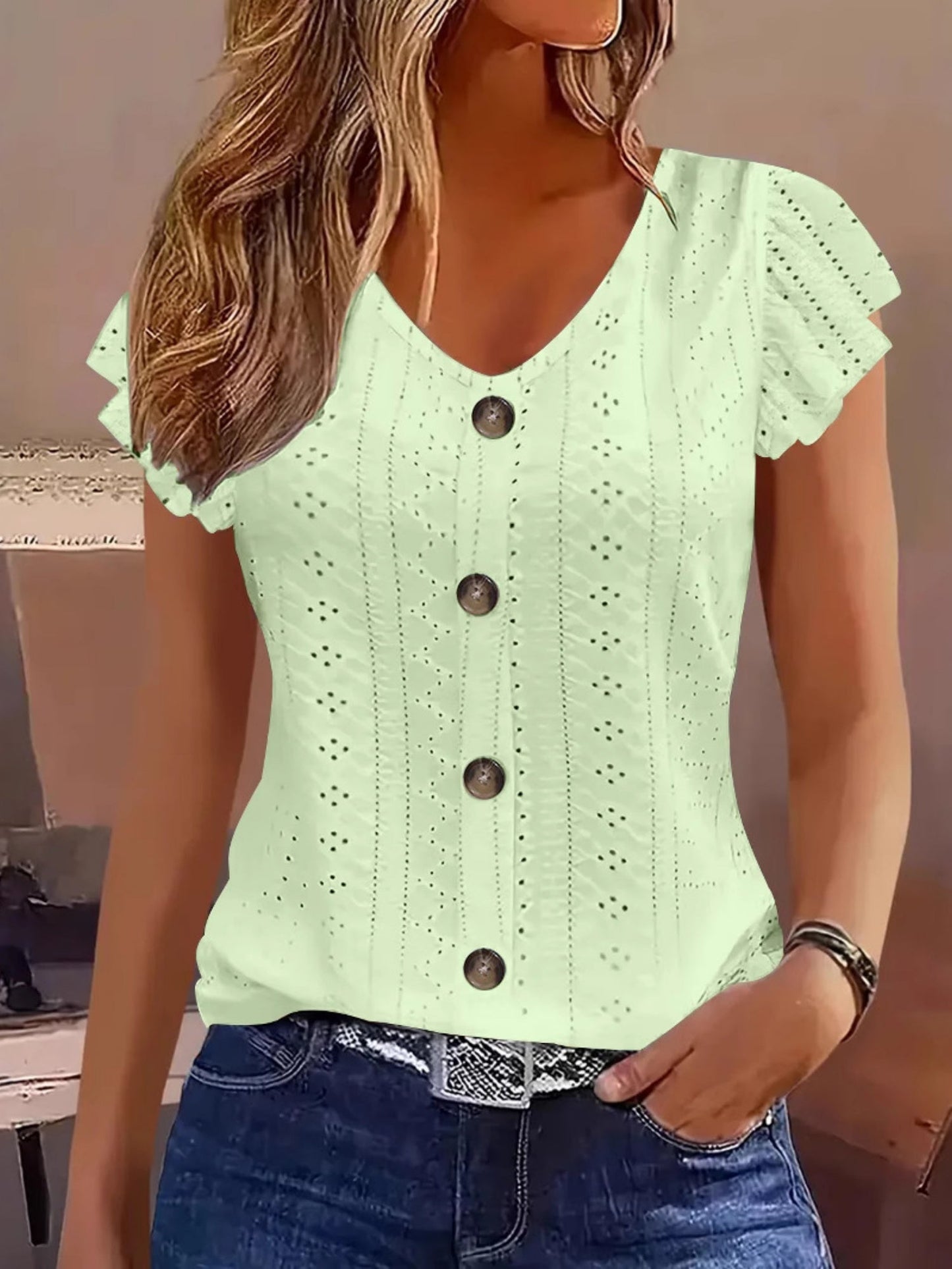 Jacquard Hollow Out Lotus Leaf Sleeves Buttons Crew Neck T-shirts
