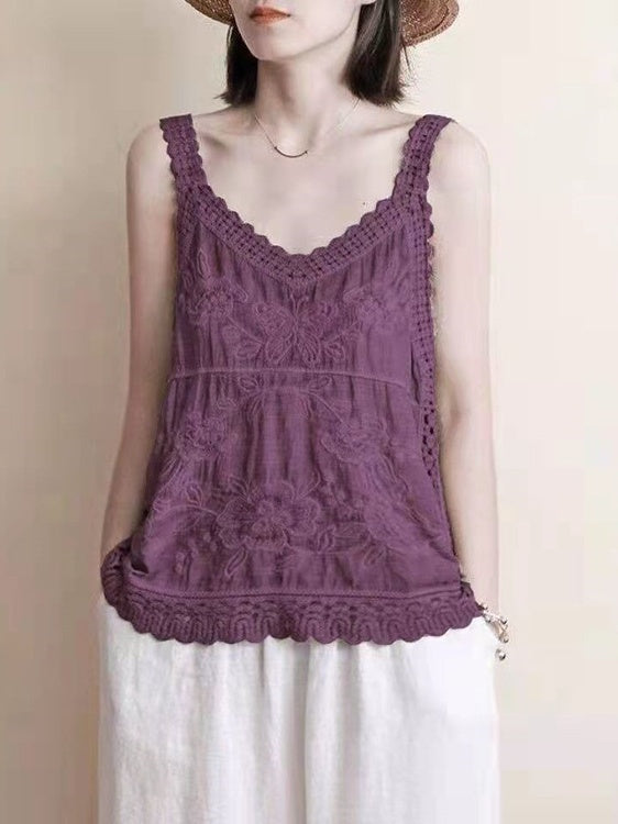 Cotton Linen Embroidered V-neck Camisole
