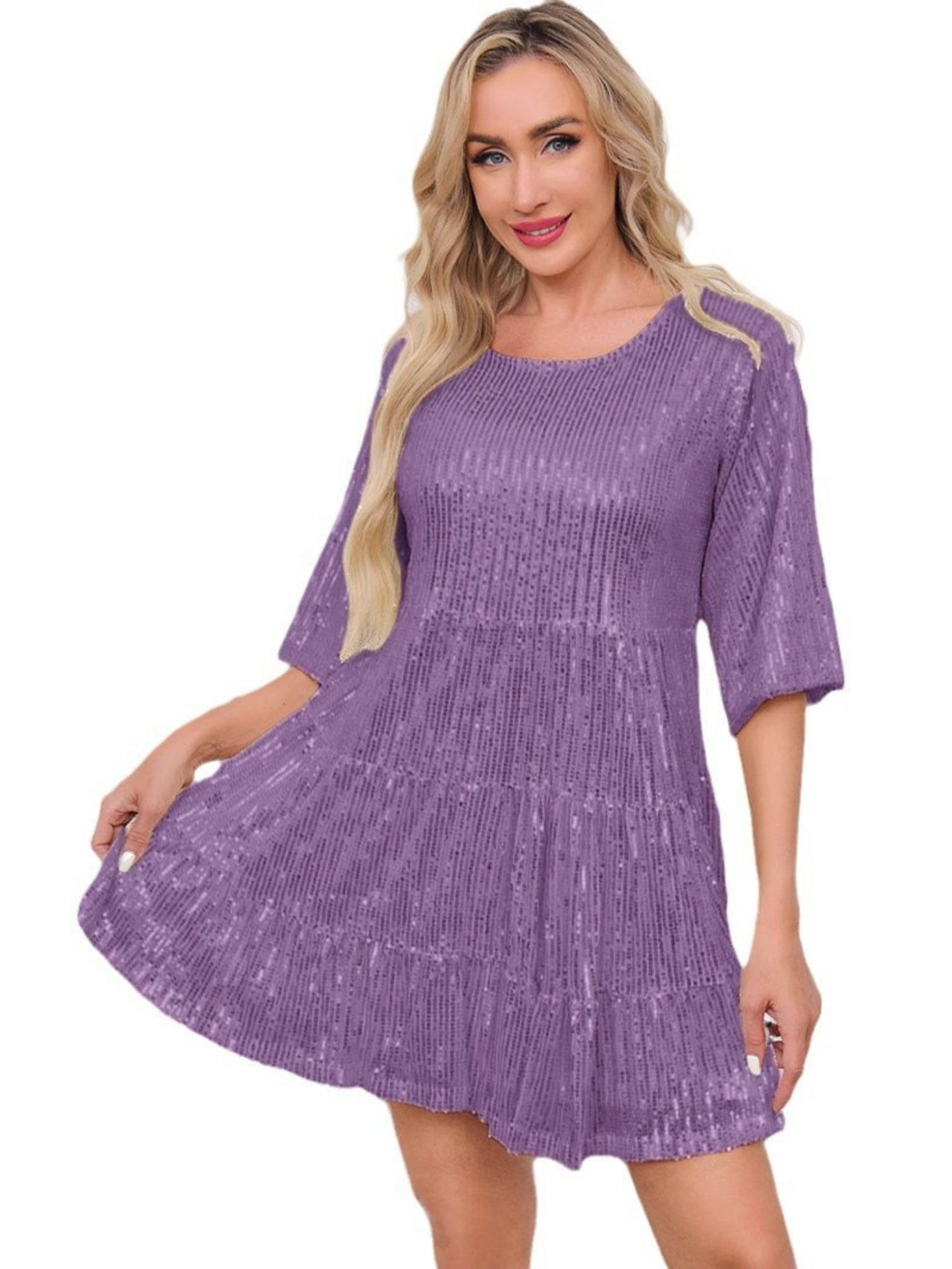 Sequins Pleated Multi-story Crew Neck Short Sleeve Mini&Short Dresses