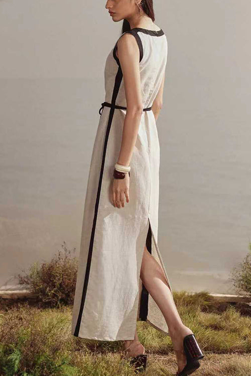 Boat Neck Sleeveless Back Slit Maxi Dress