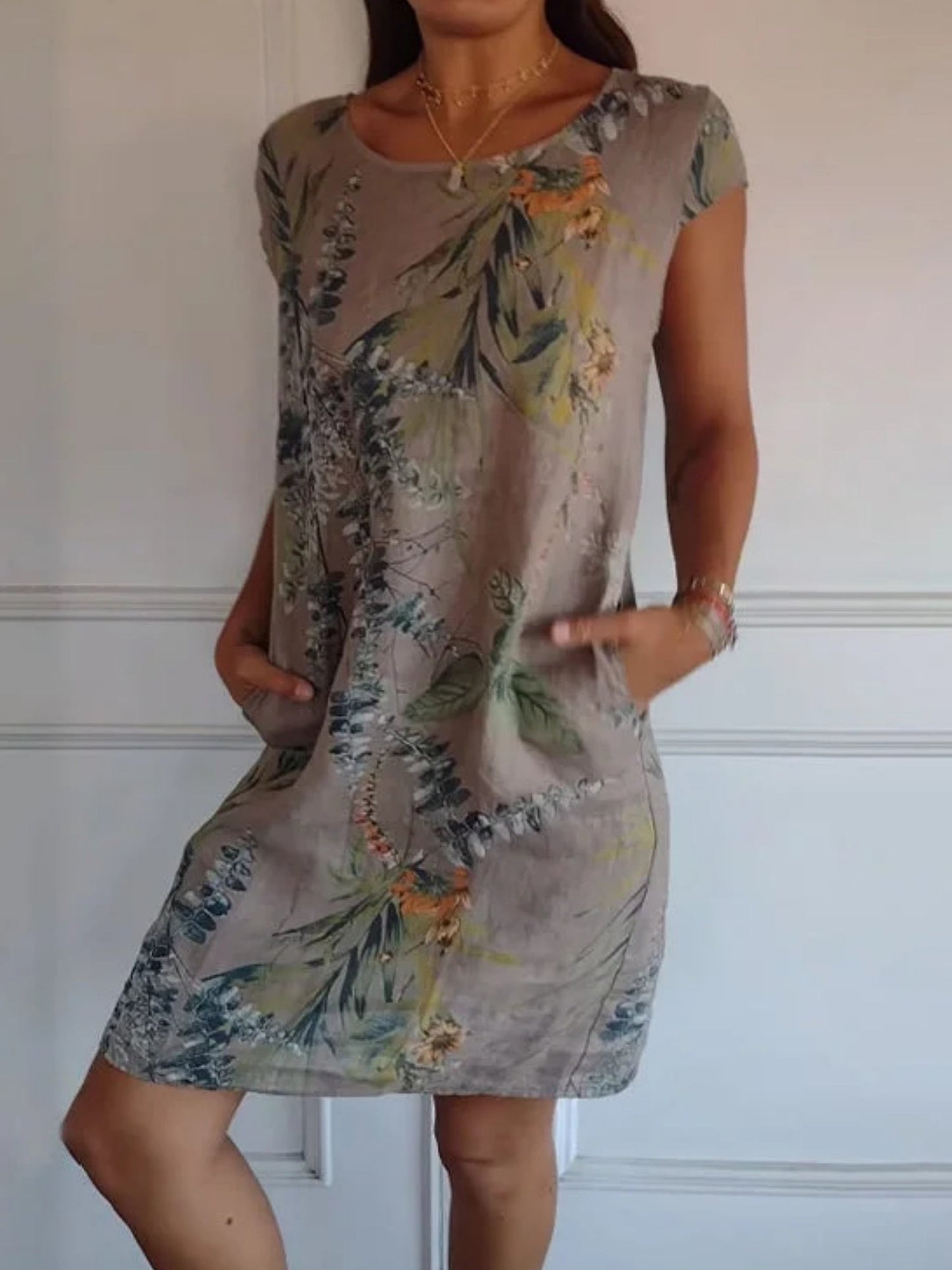 Printed Cotton And Linen Pocket Crew Neck Short Sleeve Mini&Short Dresses
