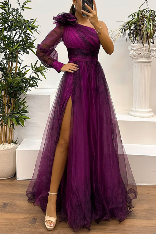 Margovil One Shoulder Long Sleeve Printed Mesh High Slit Maxi Dress