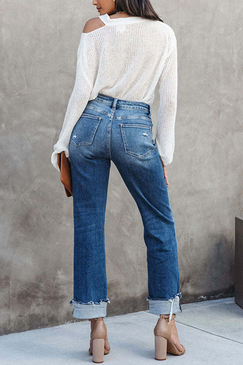 Margovil High Waist Straight Leg Ripped Denim Pants