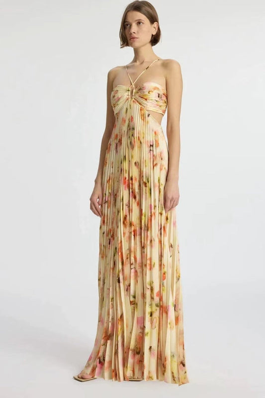 Halter Neck Plisse Pleated Watercolor Floral Waist Cutout Maxi Dress