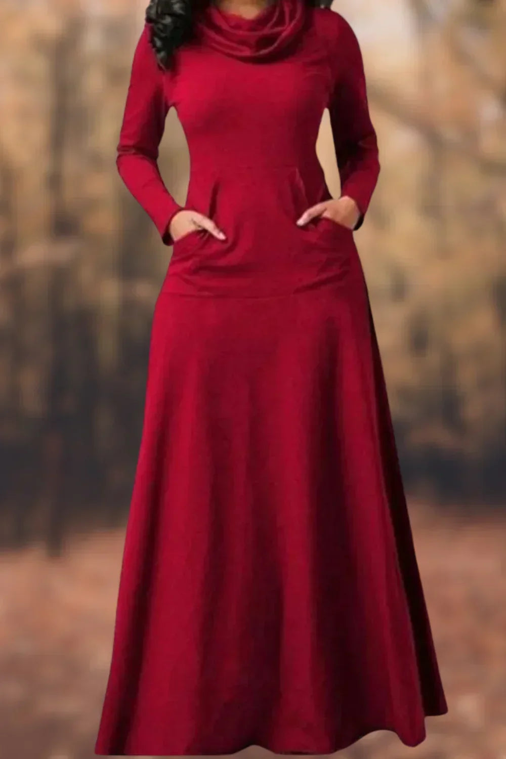 Cowl Neck Long Sleeve Kangaroo Pocket Jersey A-Line Maxi Dress