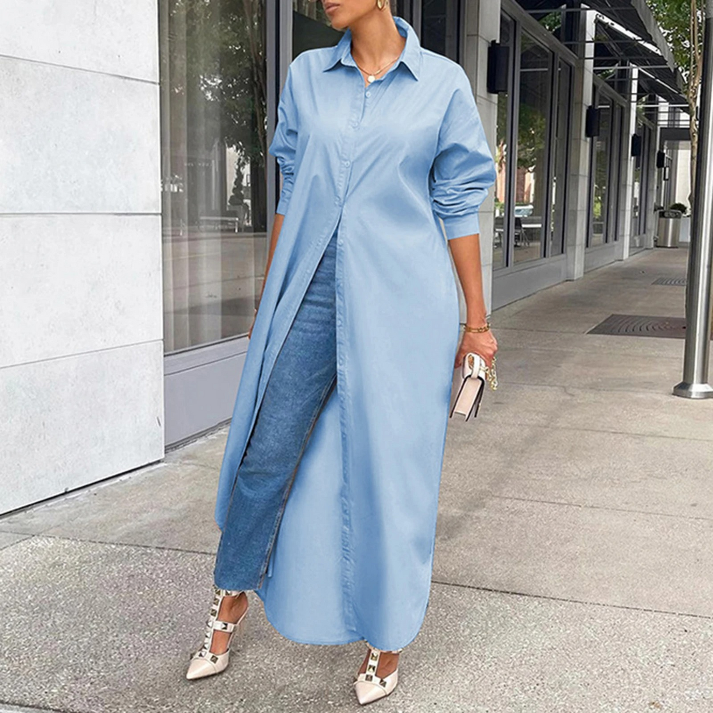 Oversized Collared Button-Front Side Slit Long Sleeve Maxi Shirt Dress