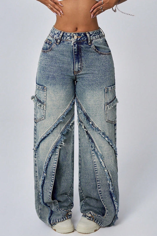 Wide Leg Raw Hem Patchwork Loose Fashion Jeans
