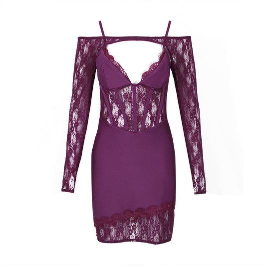 Lace Lace Spaghetti Strap Long Sleeve Bandage One Piece Dress Short Two Piece