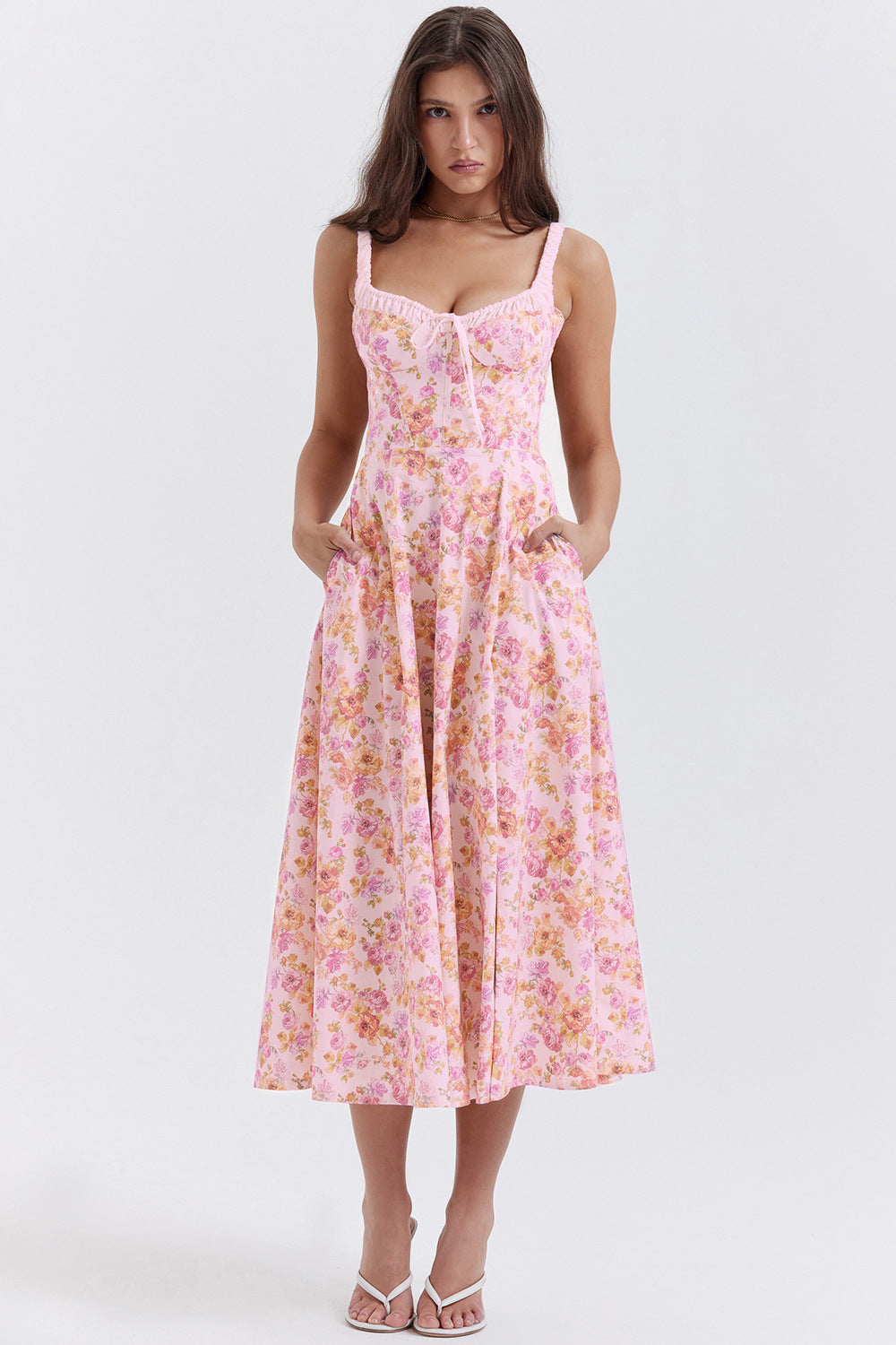 Printed Cami Dress Backless Slit Mid Length Dress for