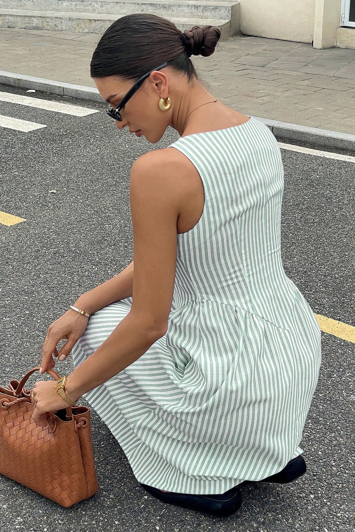 Striped Square Neck Wide Strap Basque Waist Fit and Flare Midi Dress