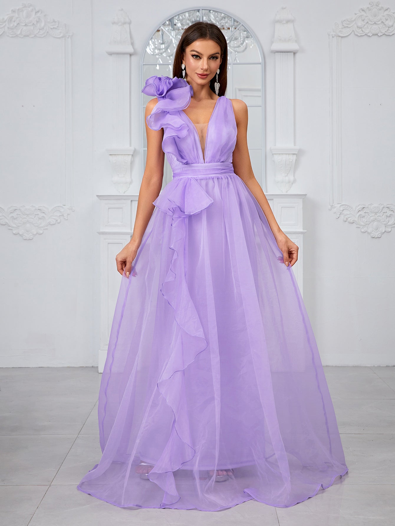 Organza Three Dimensional Lace Sleeveless V Neck Girdle Sweet Romantic Party Evening Dress