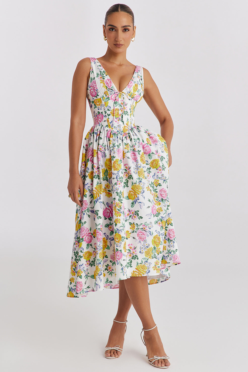 Elegant V Neck Cinched Waist Slim Fit Sleeveless Holiday Trend Floral Midi Dress
