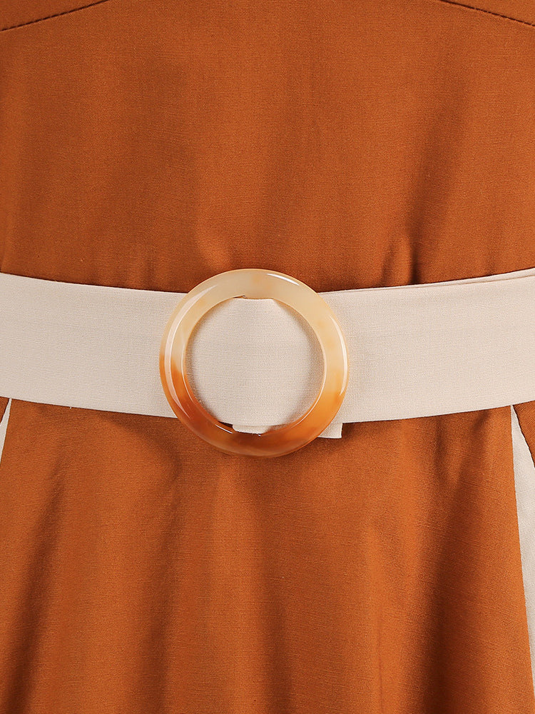 Retro Dress Halter Pleated Ring Detail Two-Tone A-Line Midi Dress