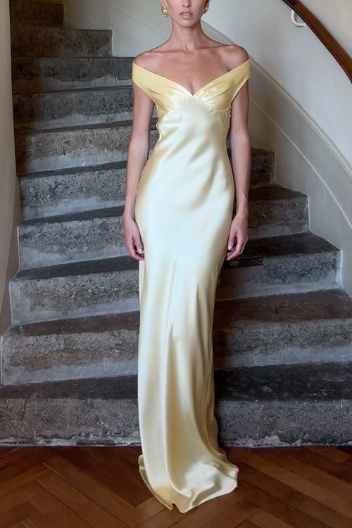 Margovil Off Shoulder Backless Cut Out Satin Maxi Dress