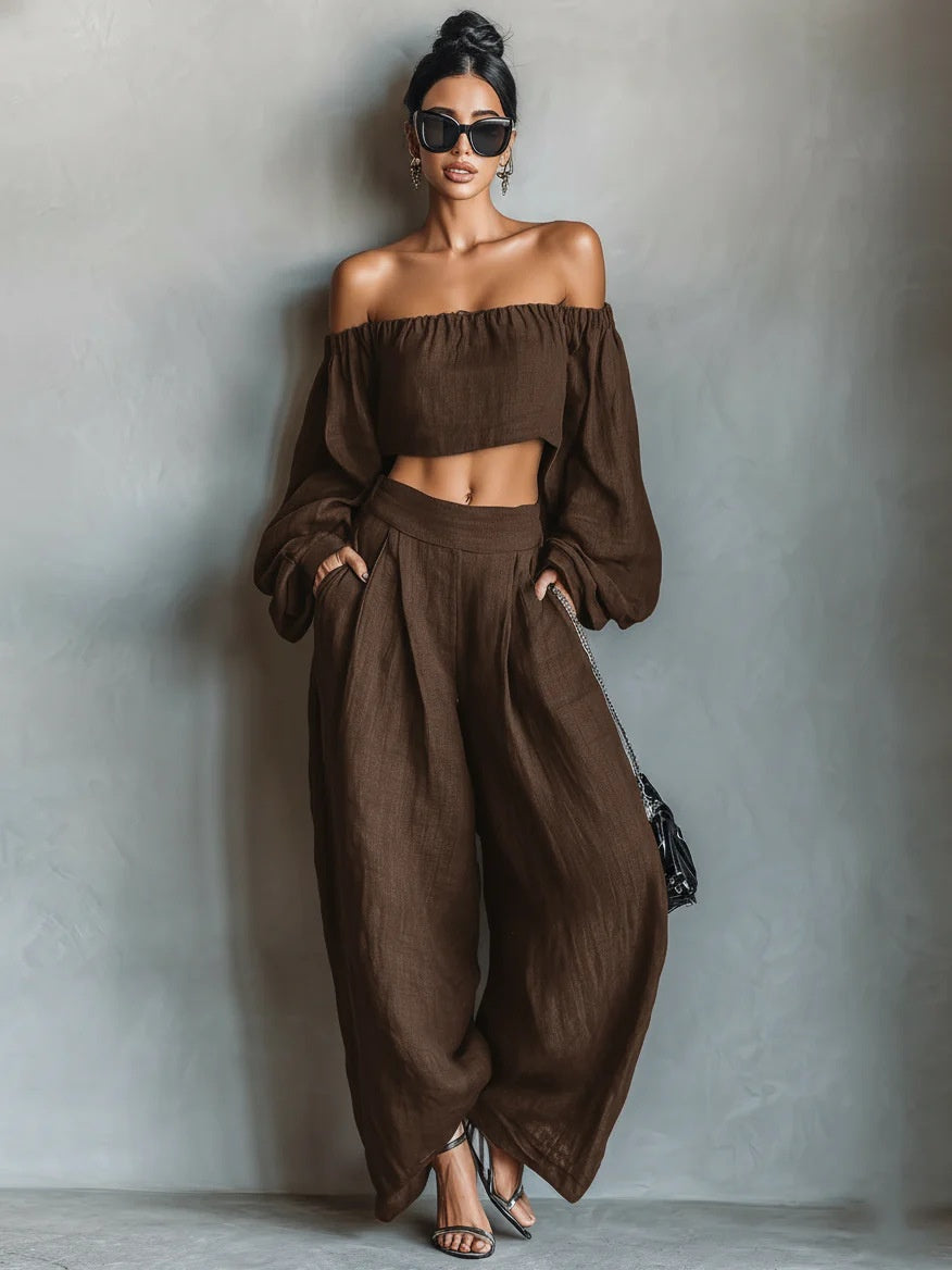 Solid Color Off-shoulder Long-sleeved Top And Wide-leg Pants Two-piece Set