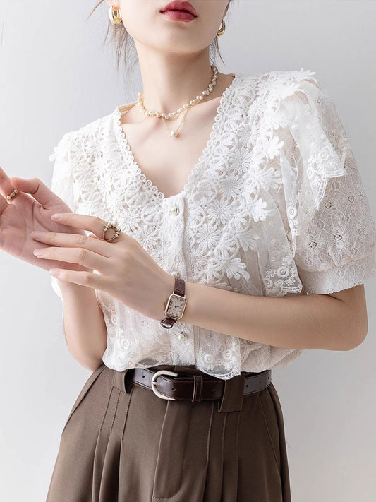 Kaylee Vintage V-Neck Solid Color Lace Blouse