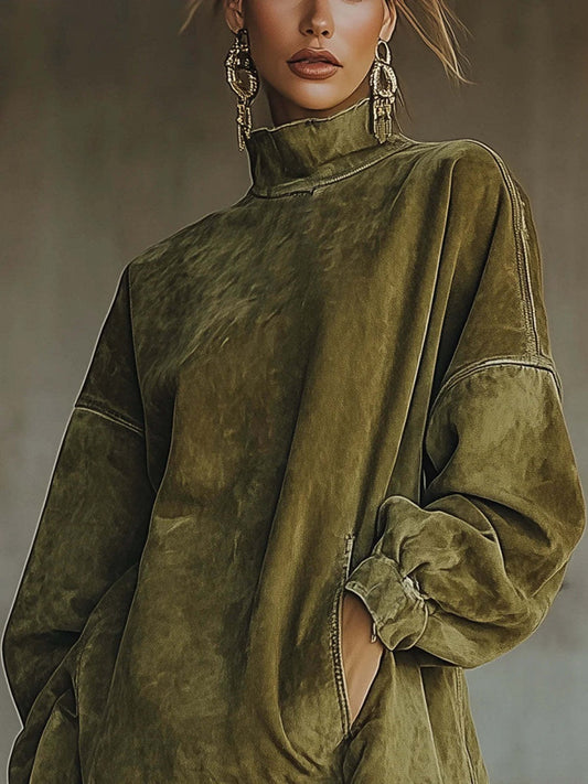 High-neck, Loose-fitting, Pocketed, Tassel Long-sleeved Suede Mini Dress