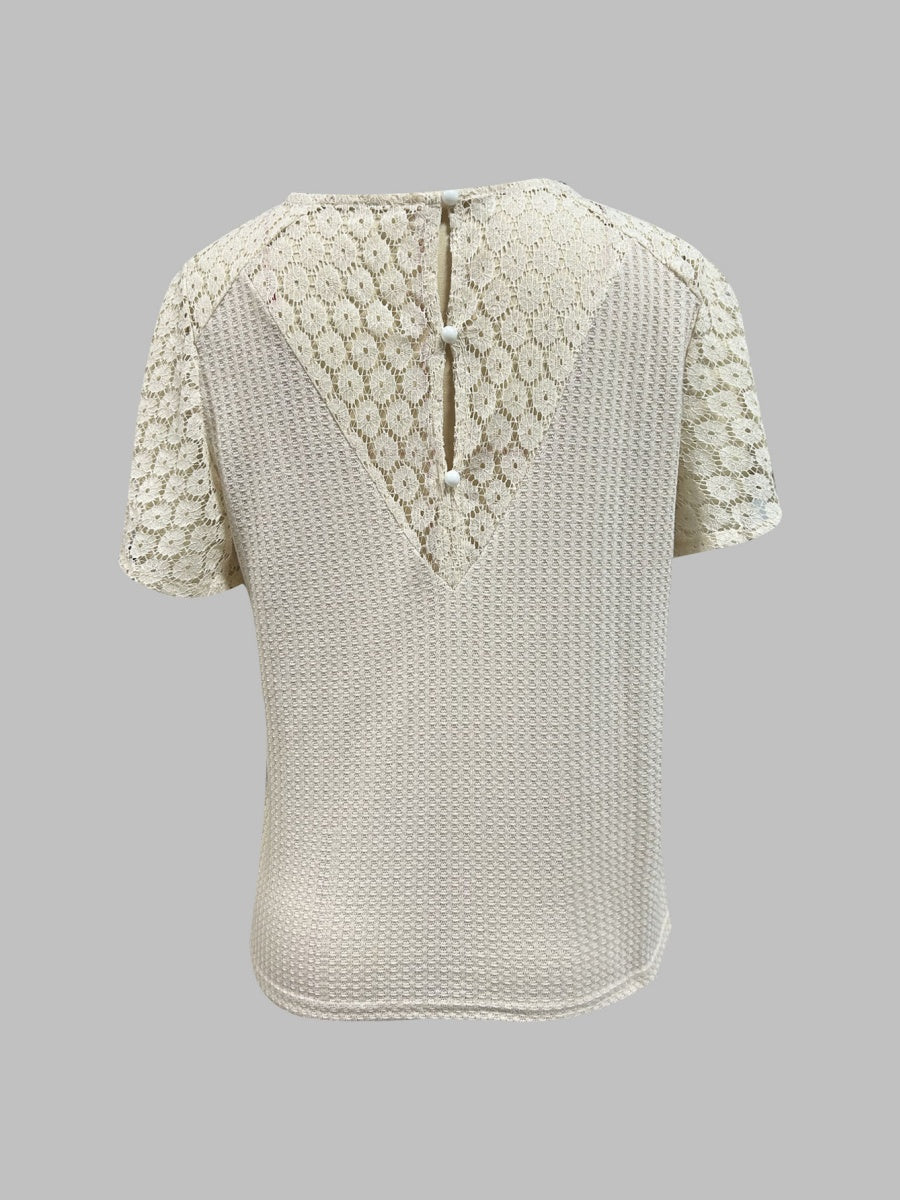 V-neck Lace-trimmed Short-sleeved T-shirt