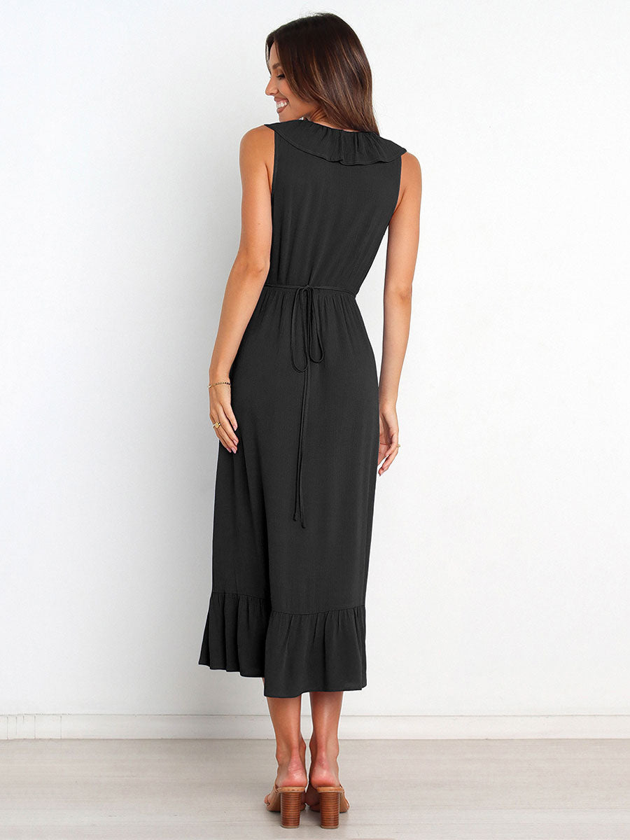 Ruffles Chic V-Neck Sleeveless Midi Dress