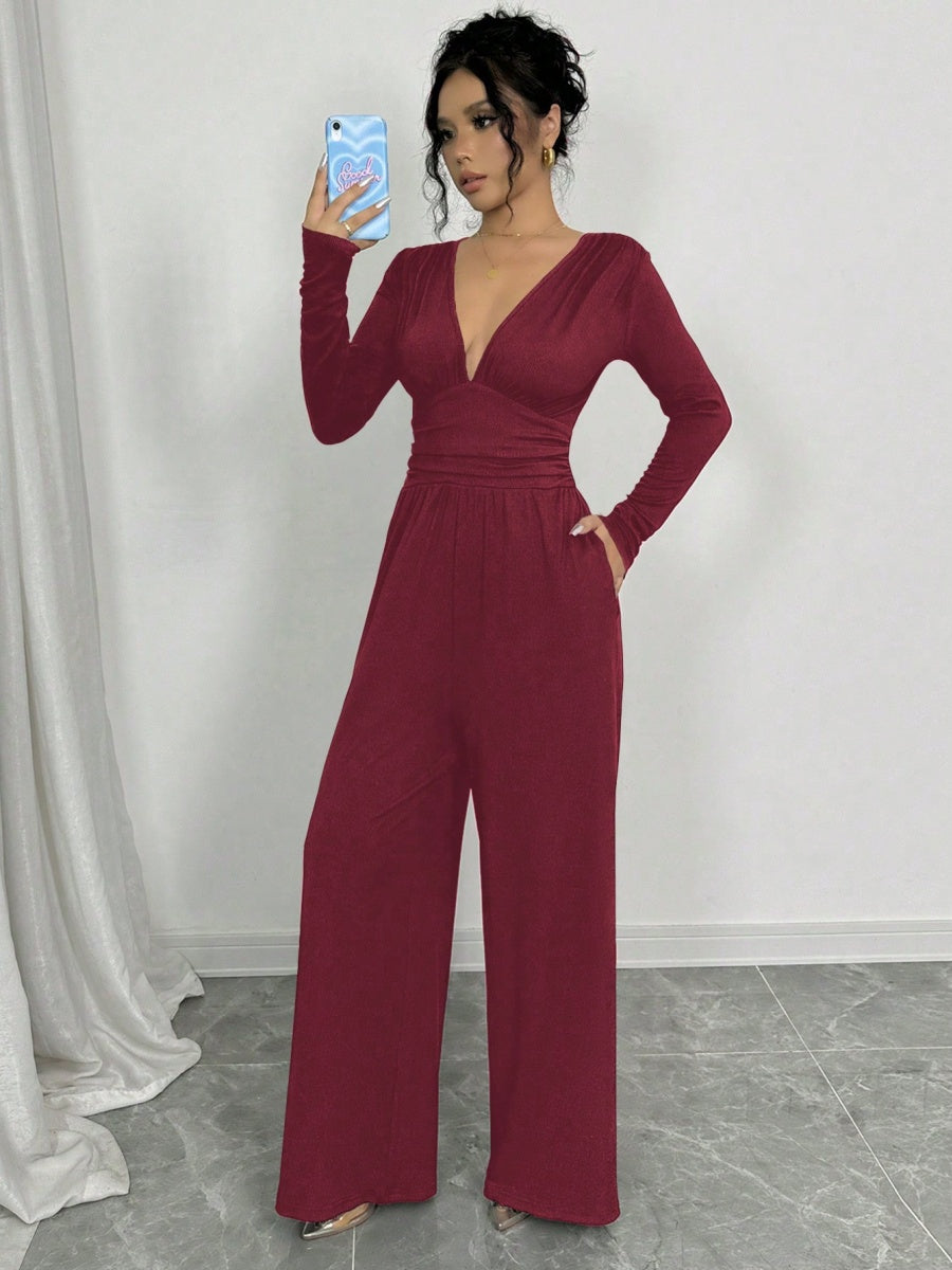 Deep V Solid Color Ribbed Sexy Slim Waist Elegant Jumpsuit
