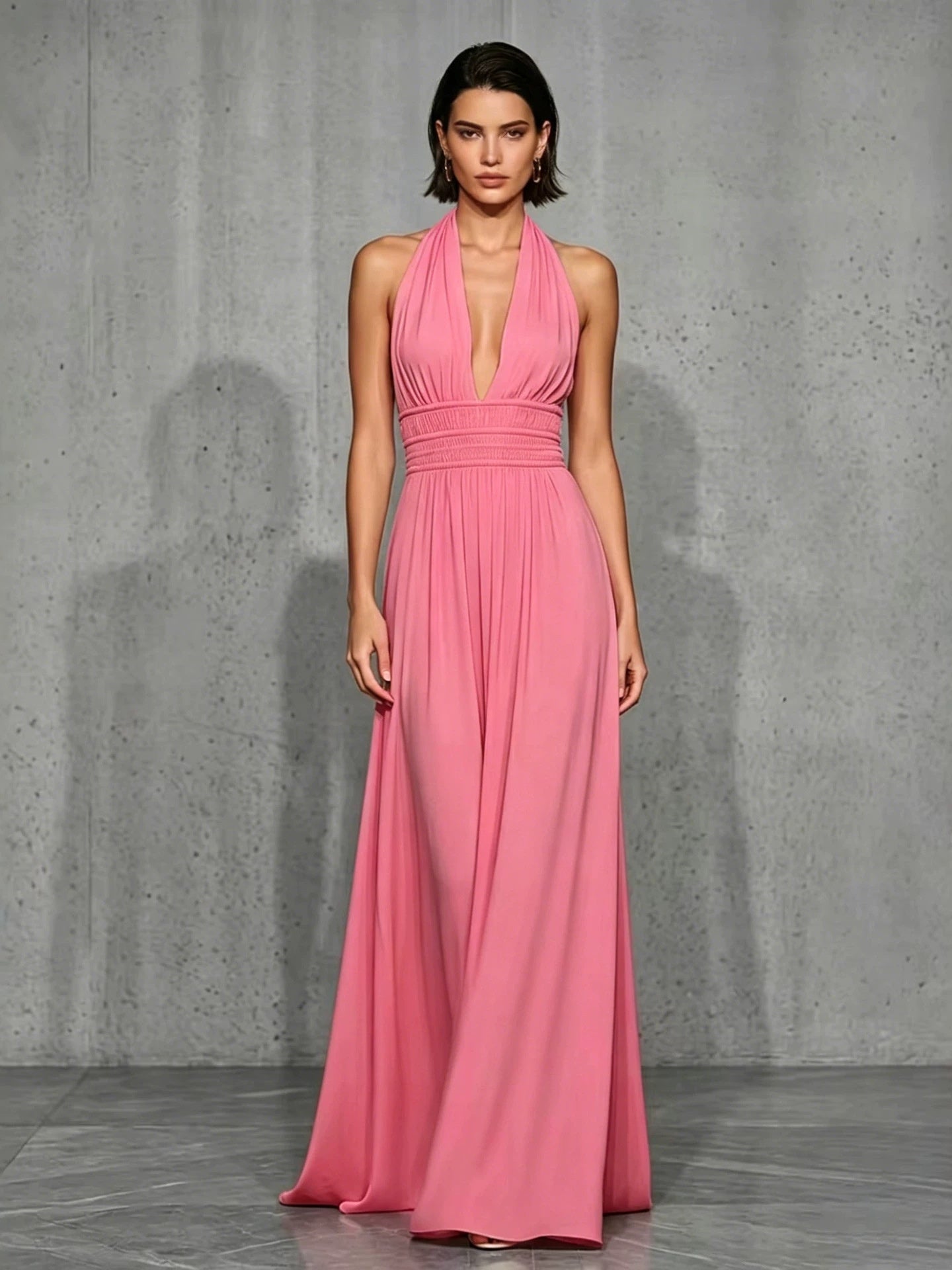 Off-shoulder And Backless Solid Color Halter Neck Long Dress