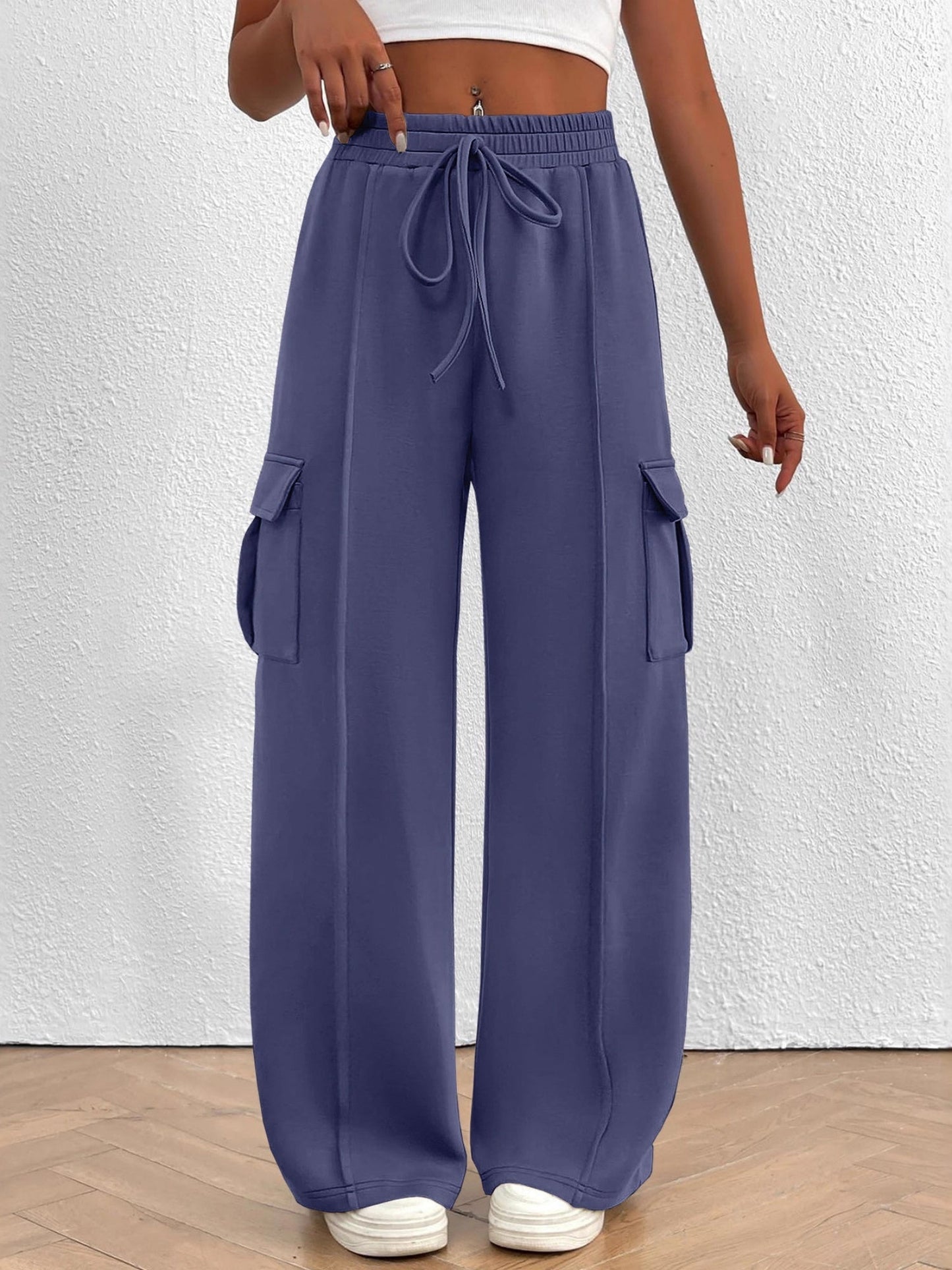 Elastic Waistband Lace Up Pocket Cargo Trousers