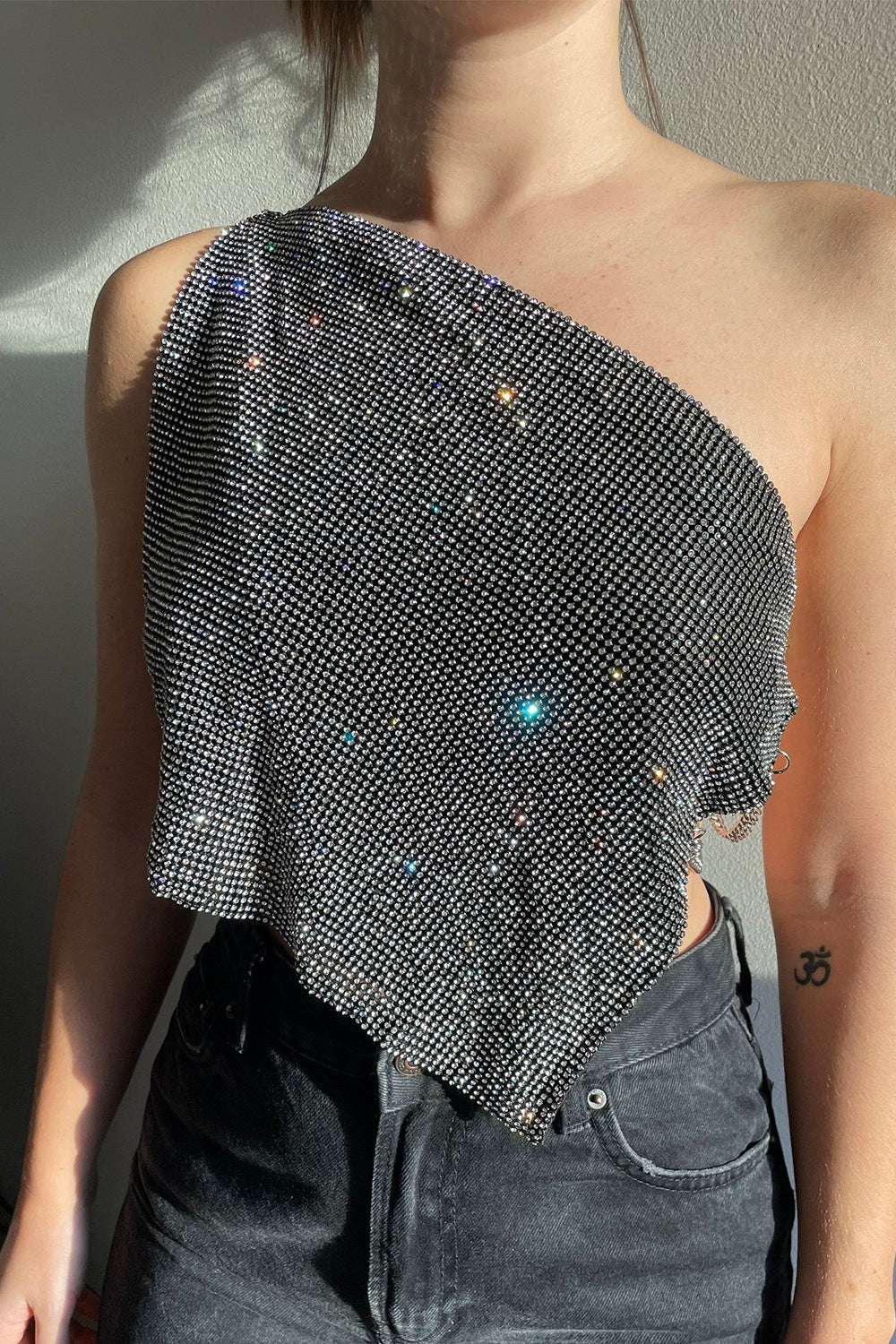 Metallic Mesh Rhinestone Off Shoulder Tank Top