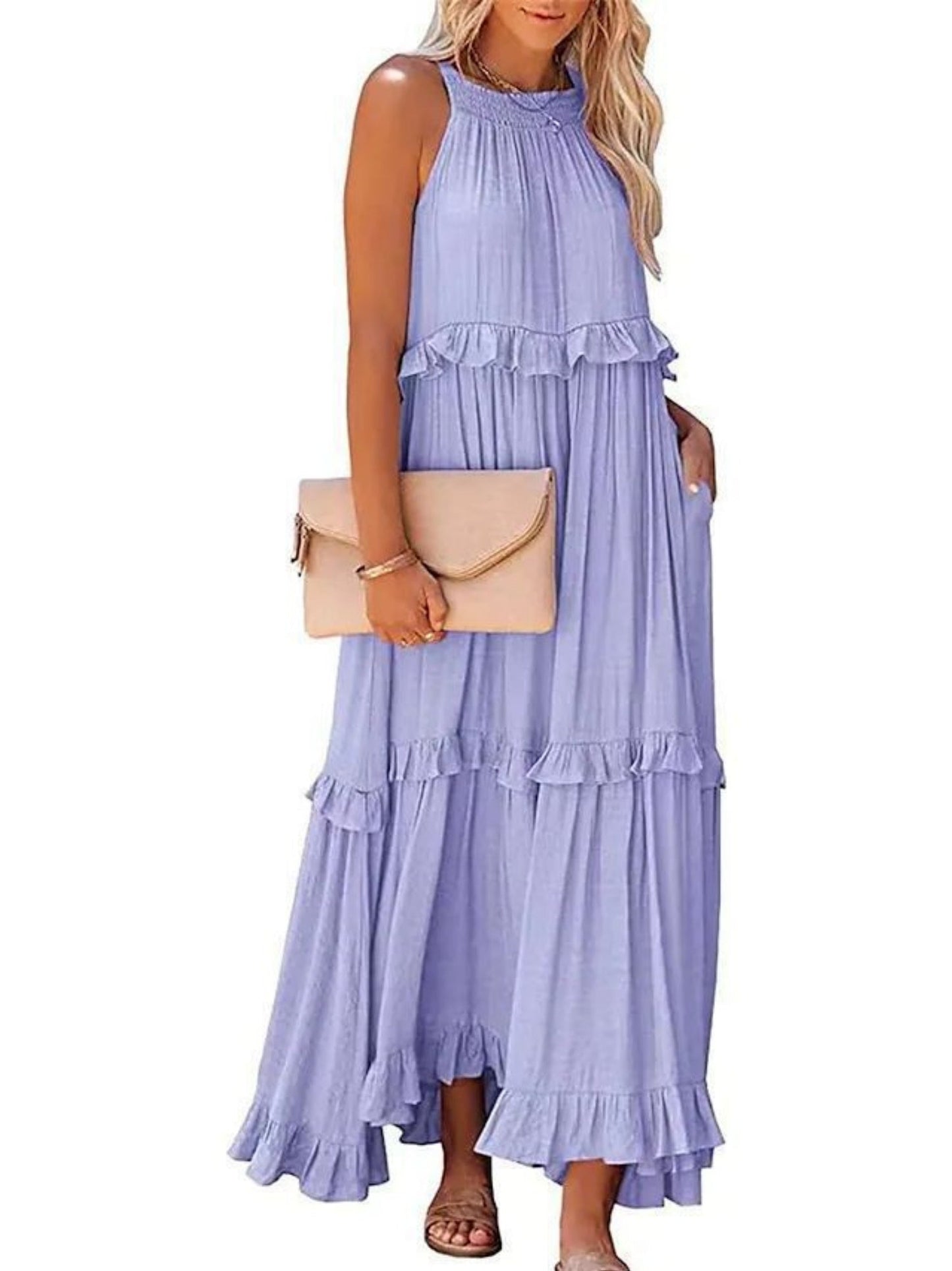 Ruffle Pleated Large Skirt Sleeveless Maxi Dresses