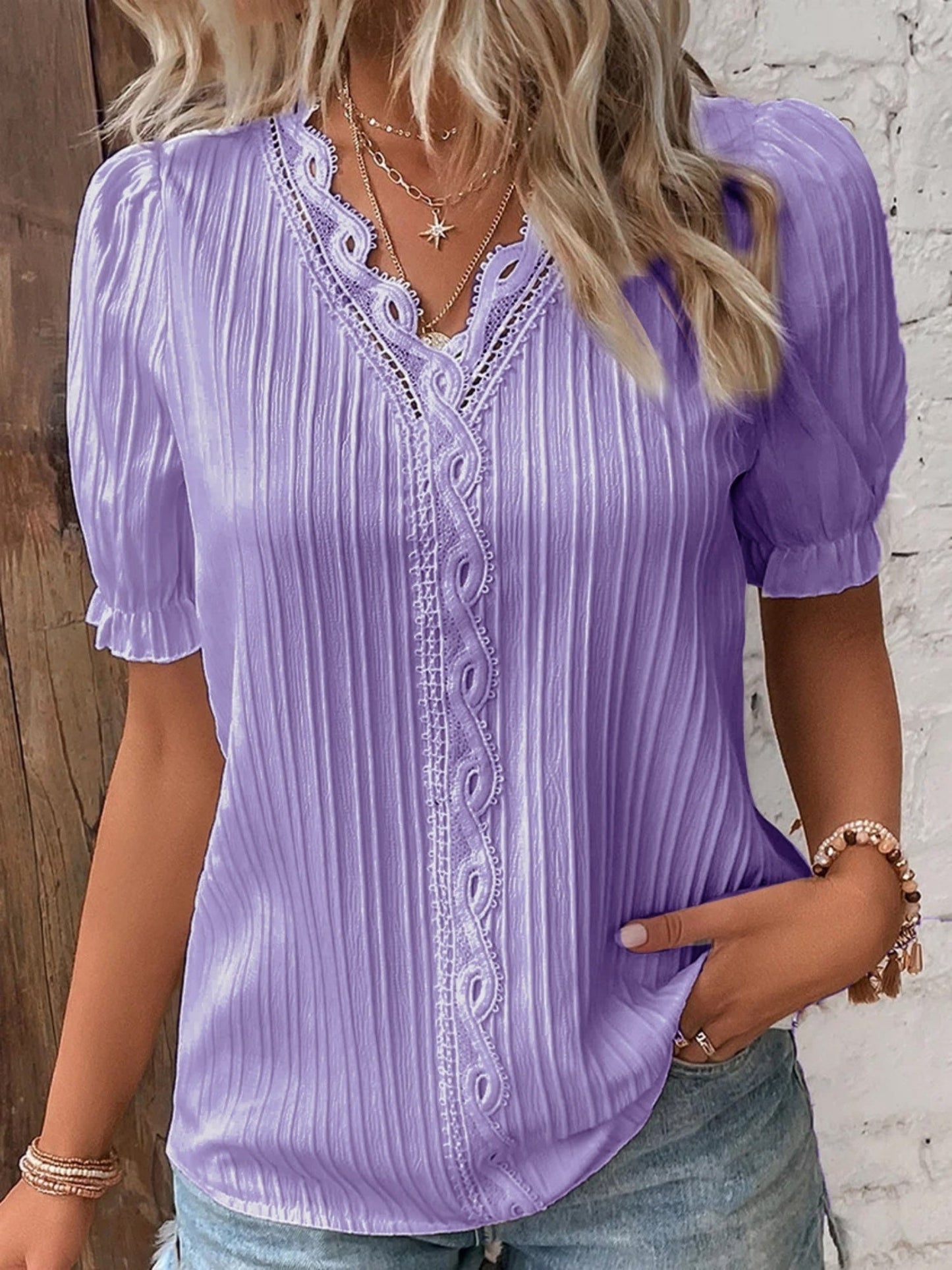 Openwork Lace Puff Sleeve V-neck Vertical Stripes T-shirts