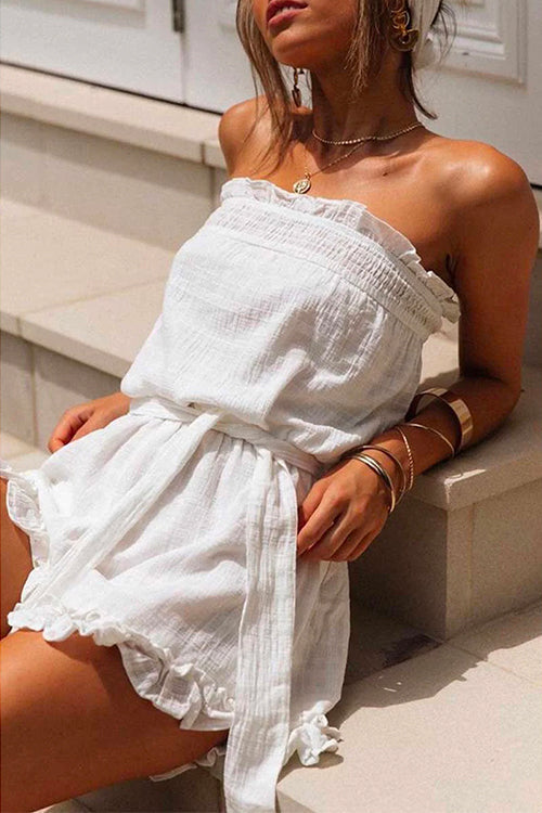 Margovil Off Shoulder Sleeveless Tie Waist Ruffle Romper