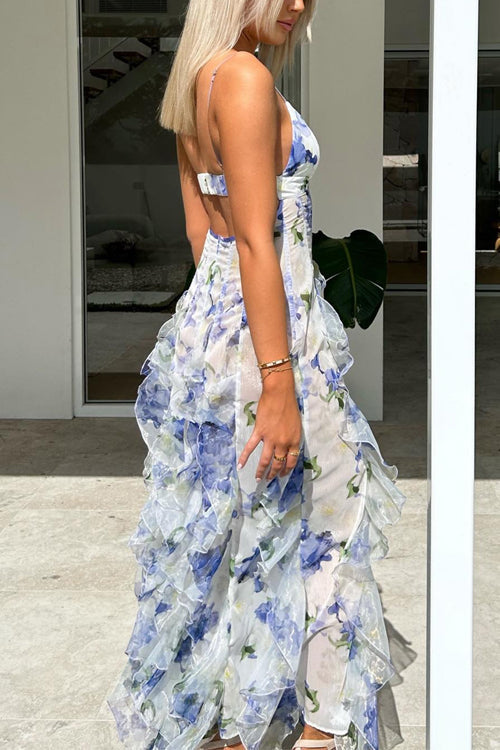 Margovil Cut Out Backless Frill Trim Slit Floral Print Maxi Cami Dress