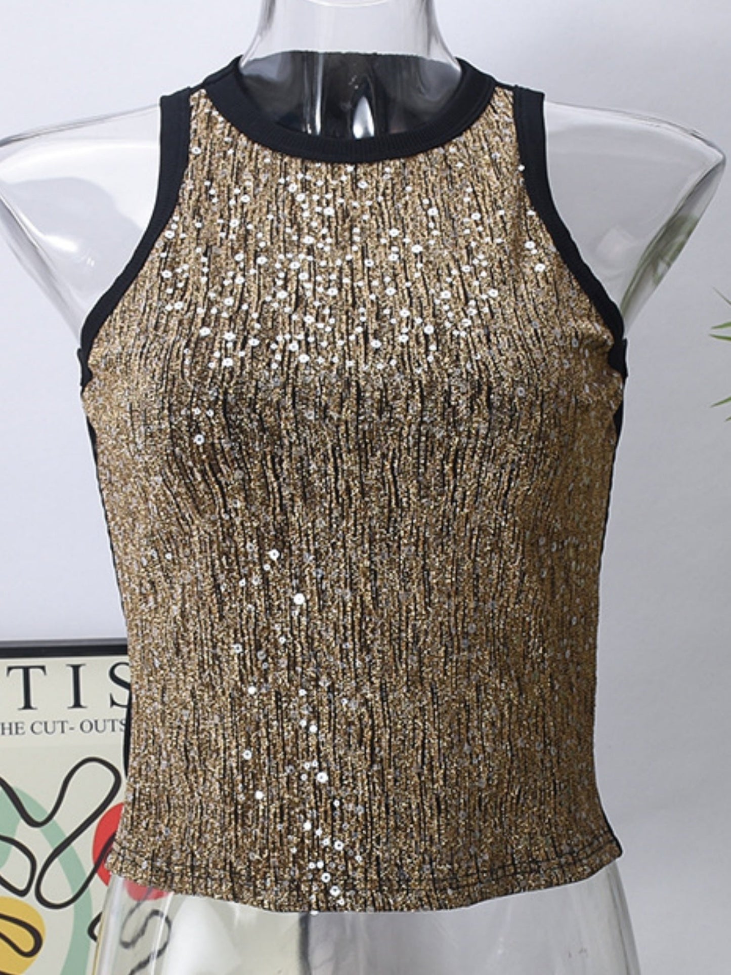 Sequined Leopard Print Color-blocked Crop Top Elastic Vest