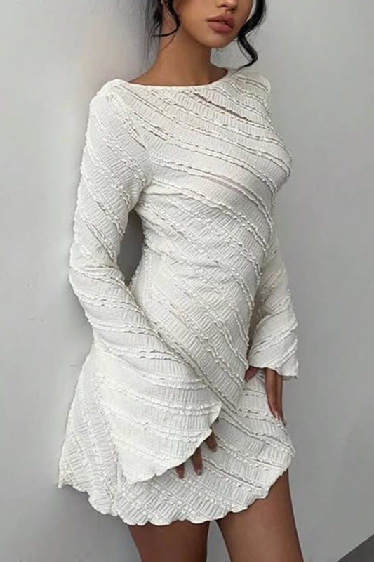 Diagonal Ruffle Textured Boat Neck Bell Sleeve Bodycon Mini Dress