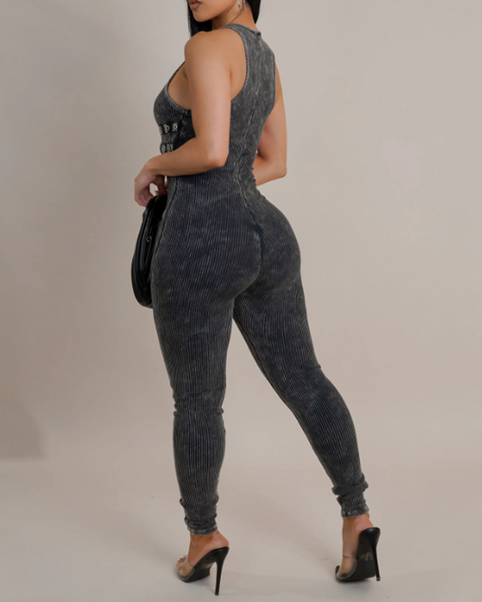 Washed Distressed Leggings Sleeveless Ribbed Jumpsuit