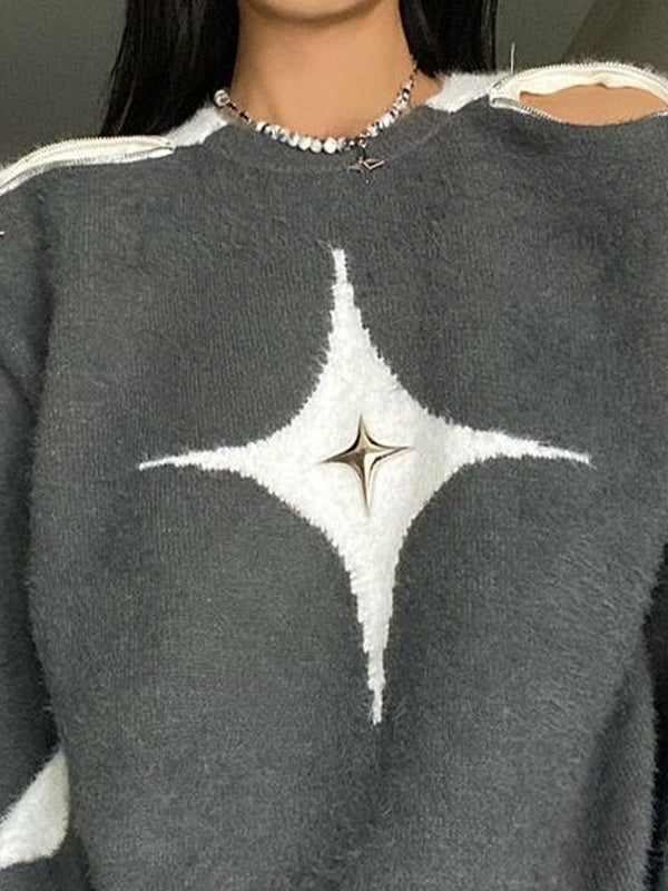 Star Decor Zipper Cutout Loose Sweater