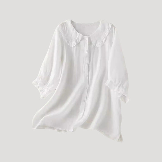 | Linen Blend Blouse Long Sleeve Ruffle Collar Top