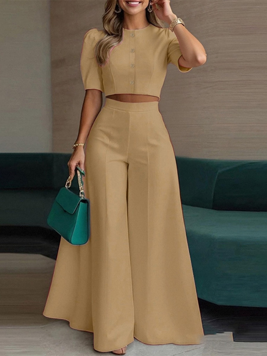 Cropped Buttons Jacket Wide-leg High-waisted Pants Set 2-piece Sets