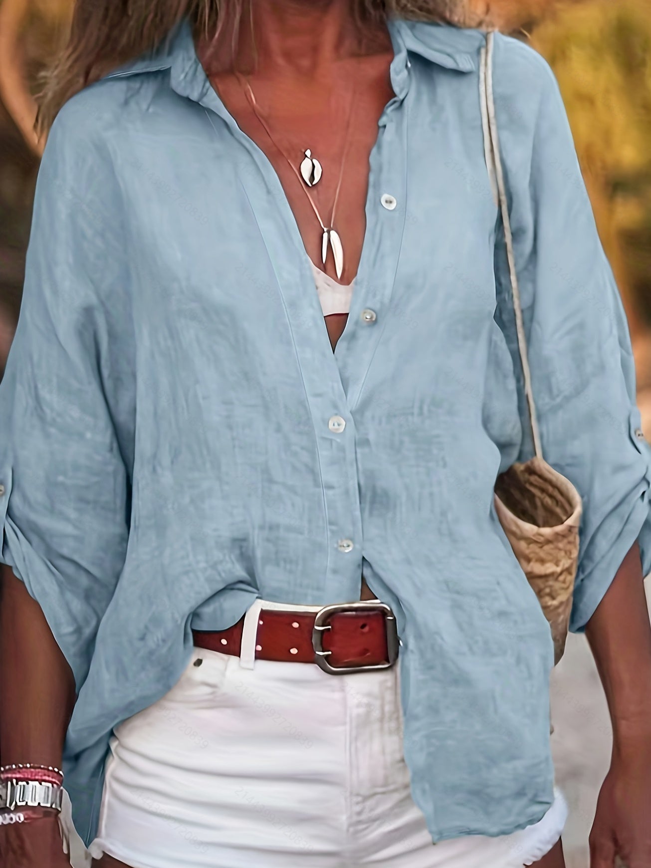 Three-quarter Sleeve Cotton Linen V-neck Loose Button T-shirt