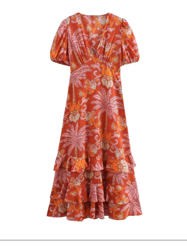 V Neck Printed Midi Dress