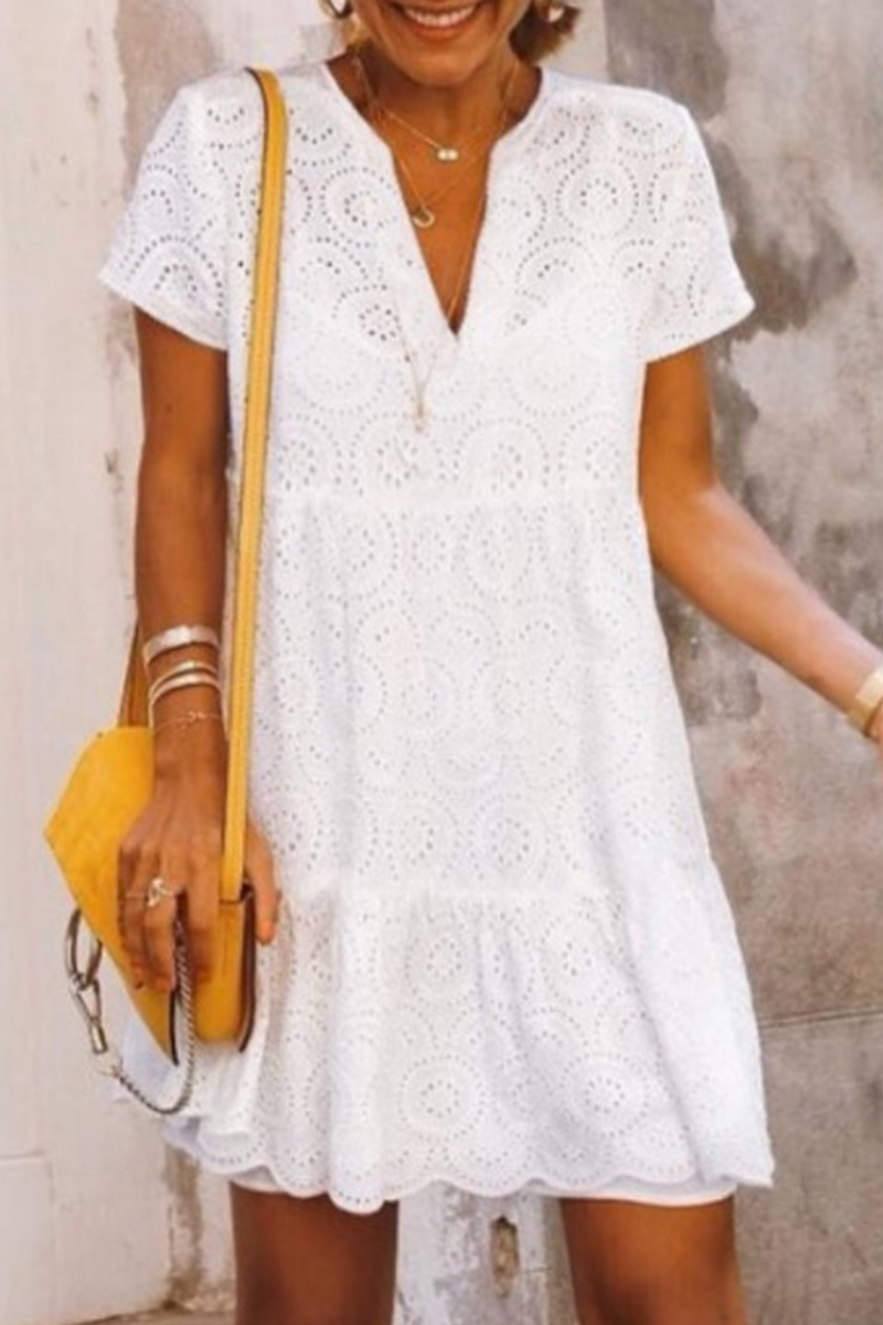 Eyelet Embroidery V Neck Short Sleeve Tiered Ruffle Hem Mini Dress