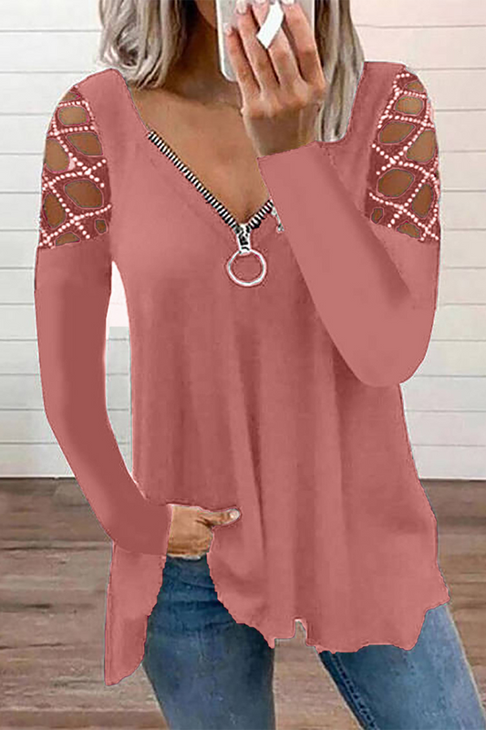 Casual Patchwork Hollowed Out Hot Drill Zipper Collar Tops(7 Colors)