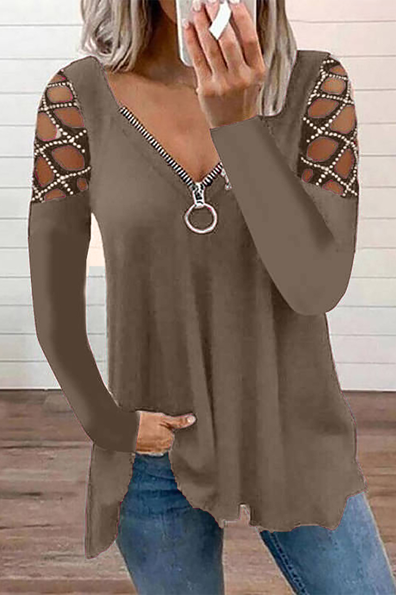 Casual Patchwork Hollowed Out Hot Drill Zipper Collar Tops(7 Colors)