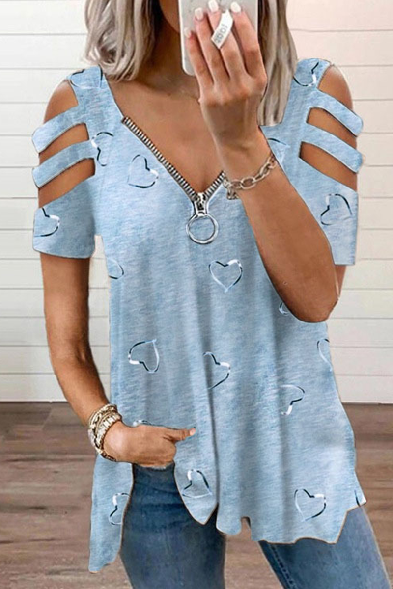 Street Print Hollowed Out Zipper V Neck Tops(6 Colors)