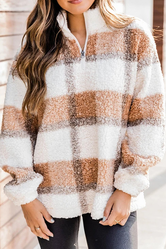 Casual Plaid Patchwork Zipper Mandarin Collar Tops