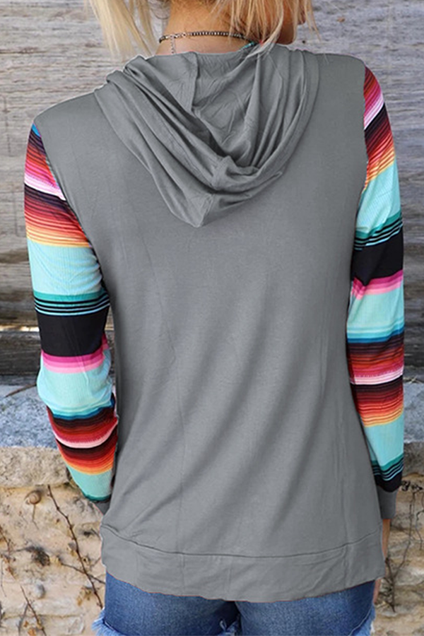 Casual Print Draw String Pocket Hooded Collar Tops(4 Colors)