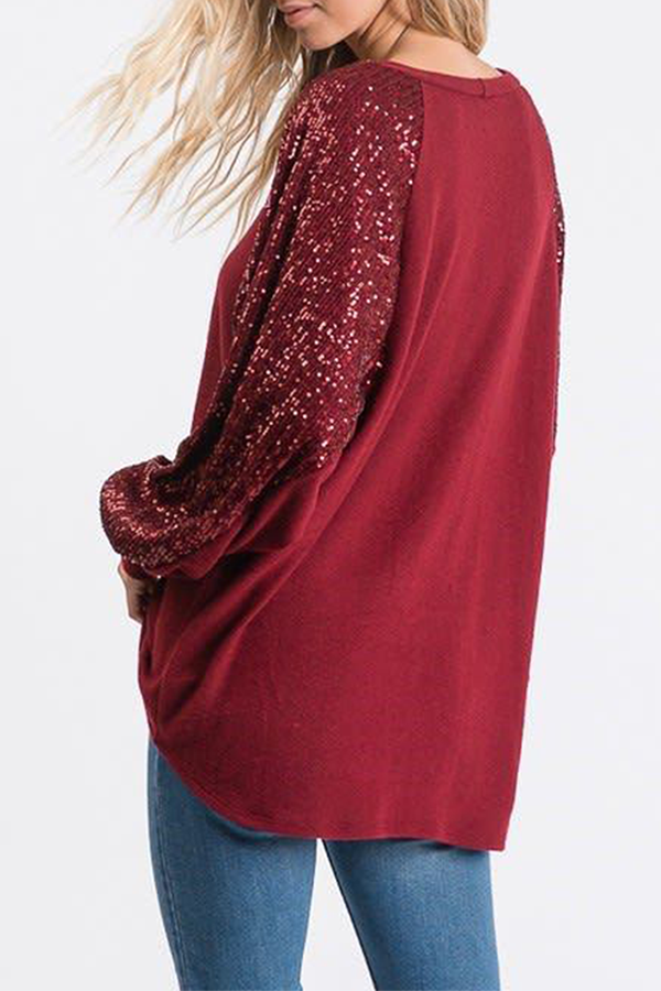 Casual Patchwork Sequins O Neck Tops(4 colors)