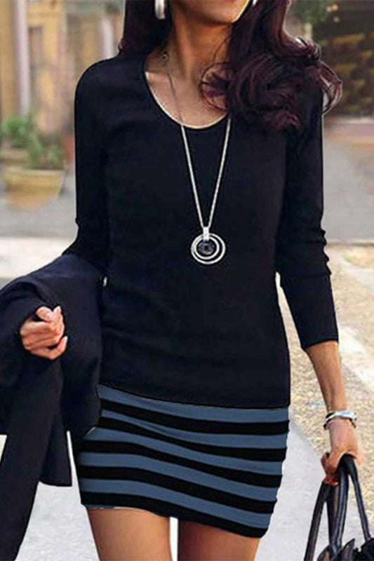 Fashion Casual Striped Print Patchwork O Neck A Line Dresses(5 Colors)