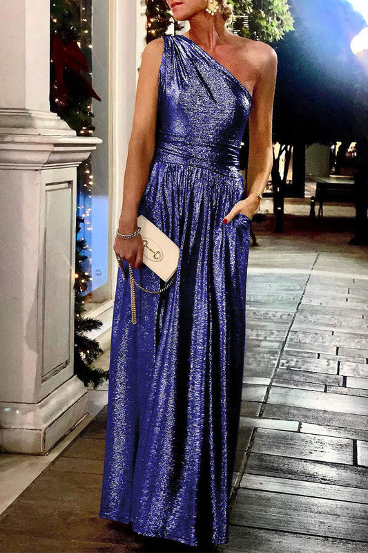 Sexy Elegant Solid Bronzing Sequined Oblique Collar Evening Dress Dresses(2 Colors)