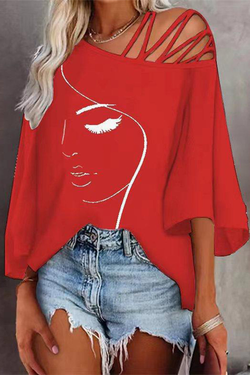 Women's Printed Oversized T-Shirt – Casual Slanted Collar Graphic Top